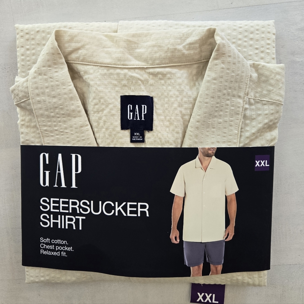 GAP Tan Seersucker Button Down Short Sleeve Shirt, Mens XXL, NWT - Picture 5 of 6